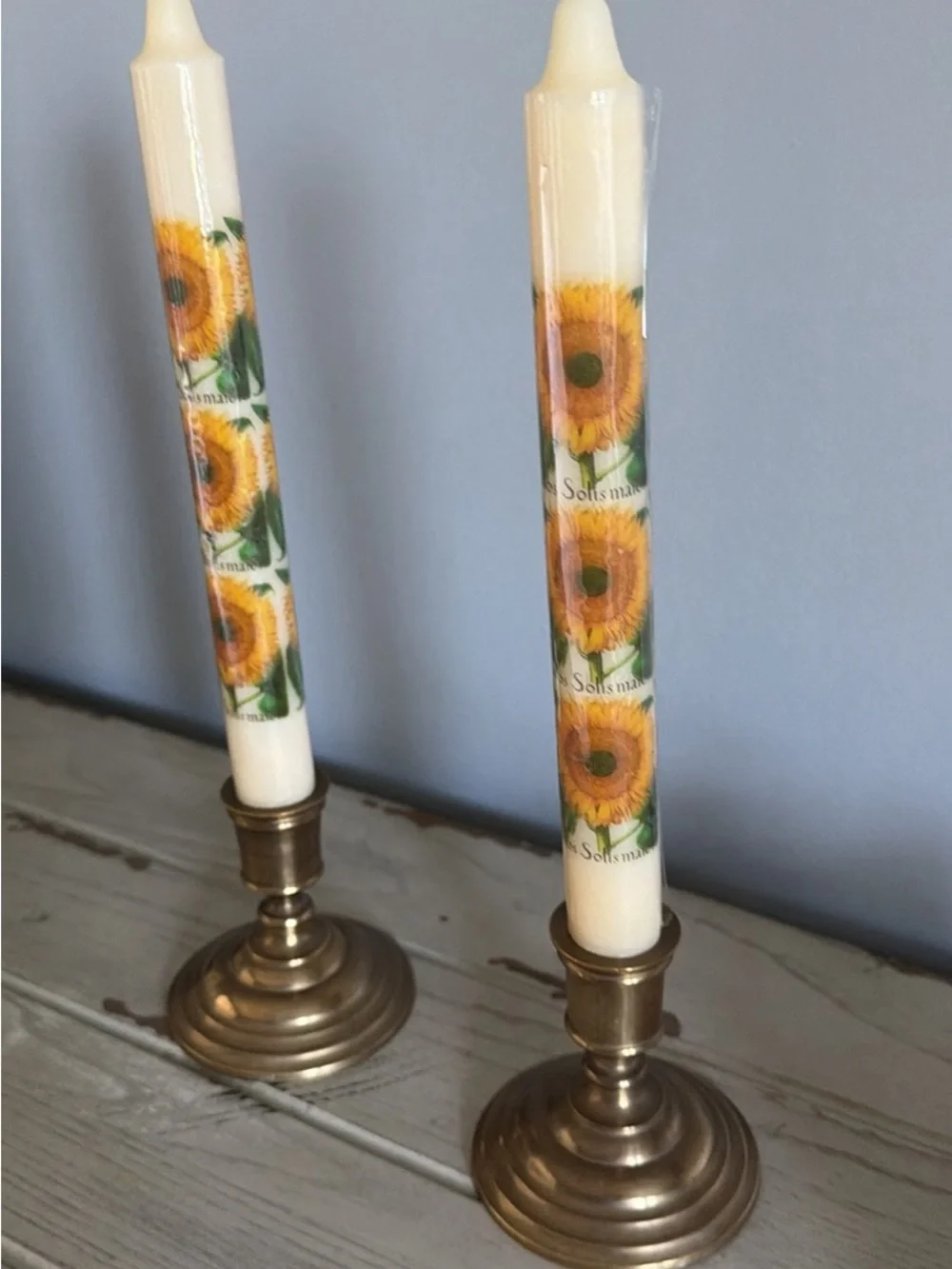 Sunflower Decorative Taper Candles w/Vintage Brass holders- Set of 2